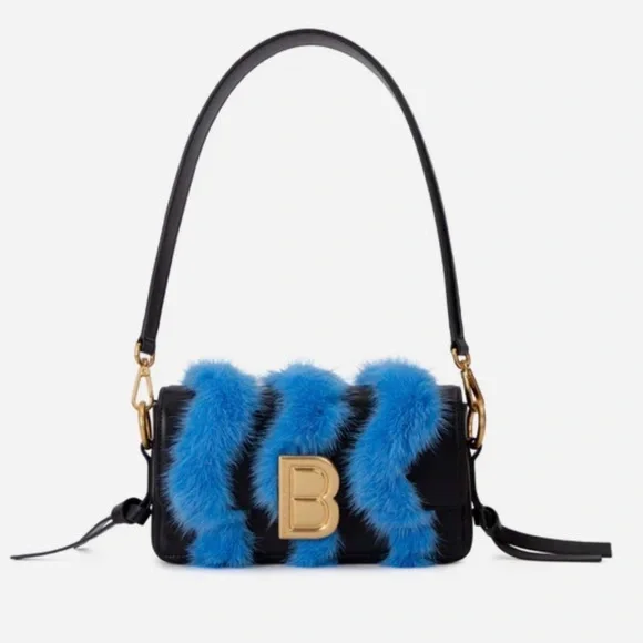 Brandon Blackwood Medium Nia Bag in Black Hard Leather with Blue Mink Fur - Picture 1 of 3